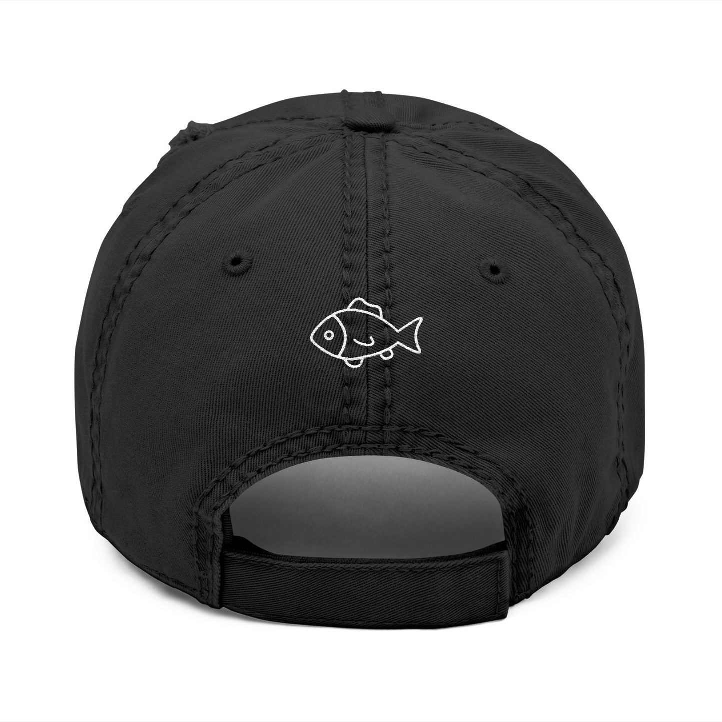 Black cap with a white fish icon on the back against a white background