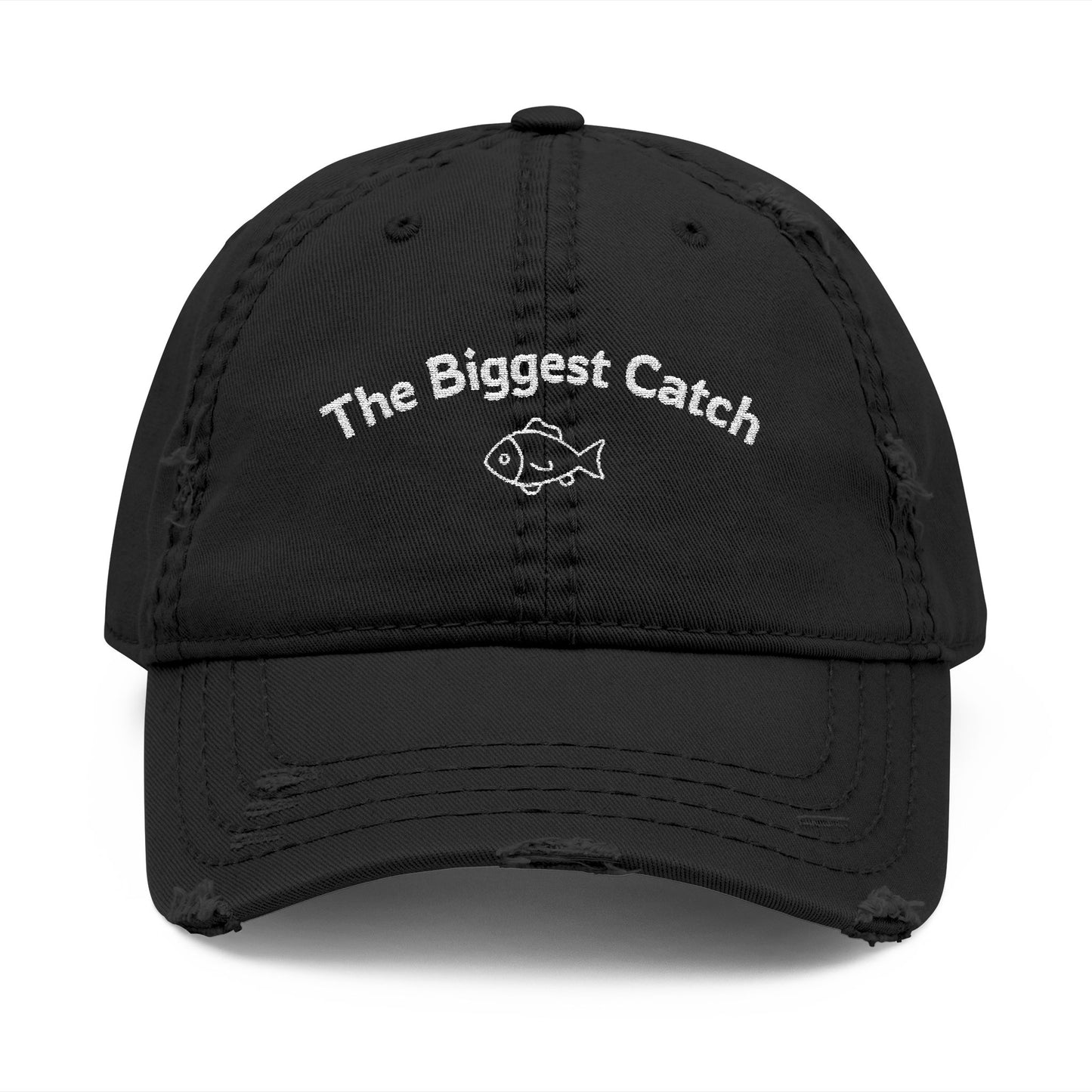 Black cap with 'The Biggest Catch' text and fish icon on a white background
