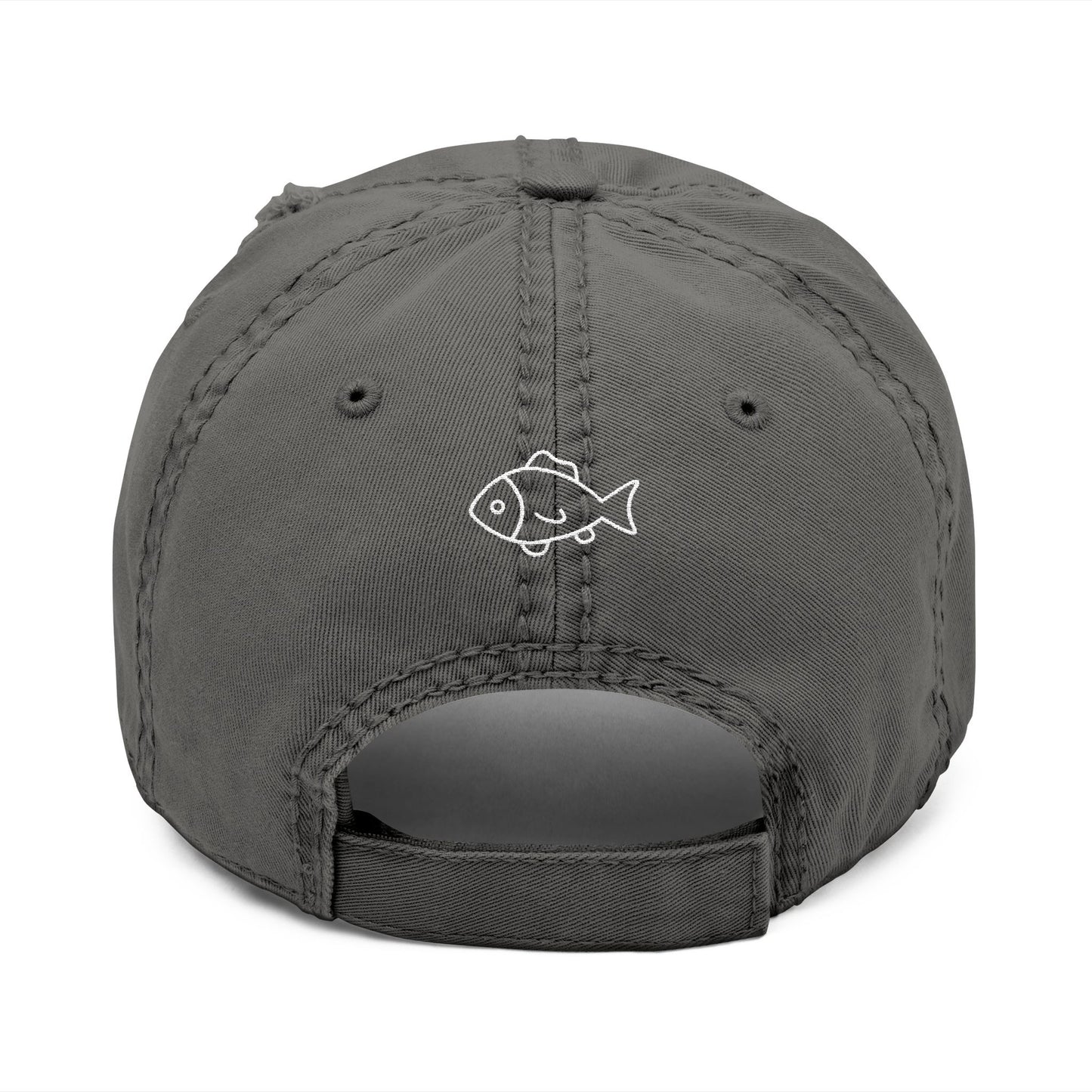Gray cap with a white fish logo on the back against a white background