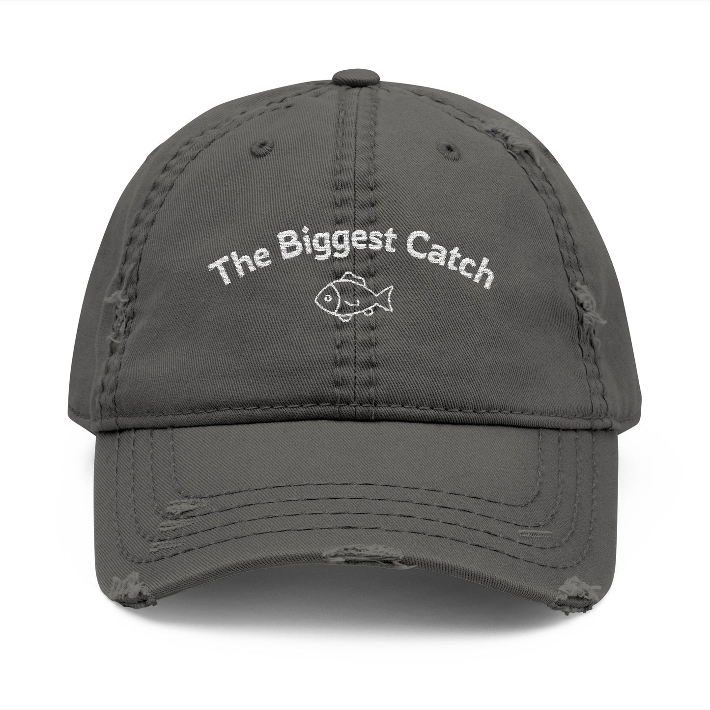 Gray cap with 'The Biggest Catch' text and fish icon on a white background