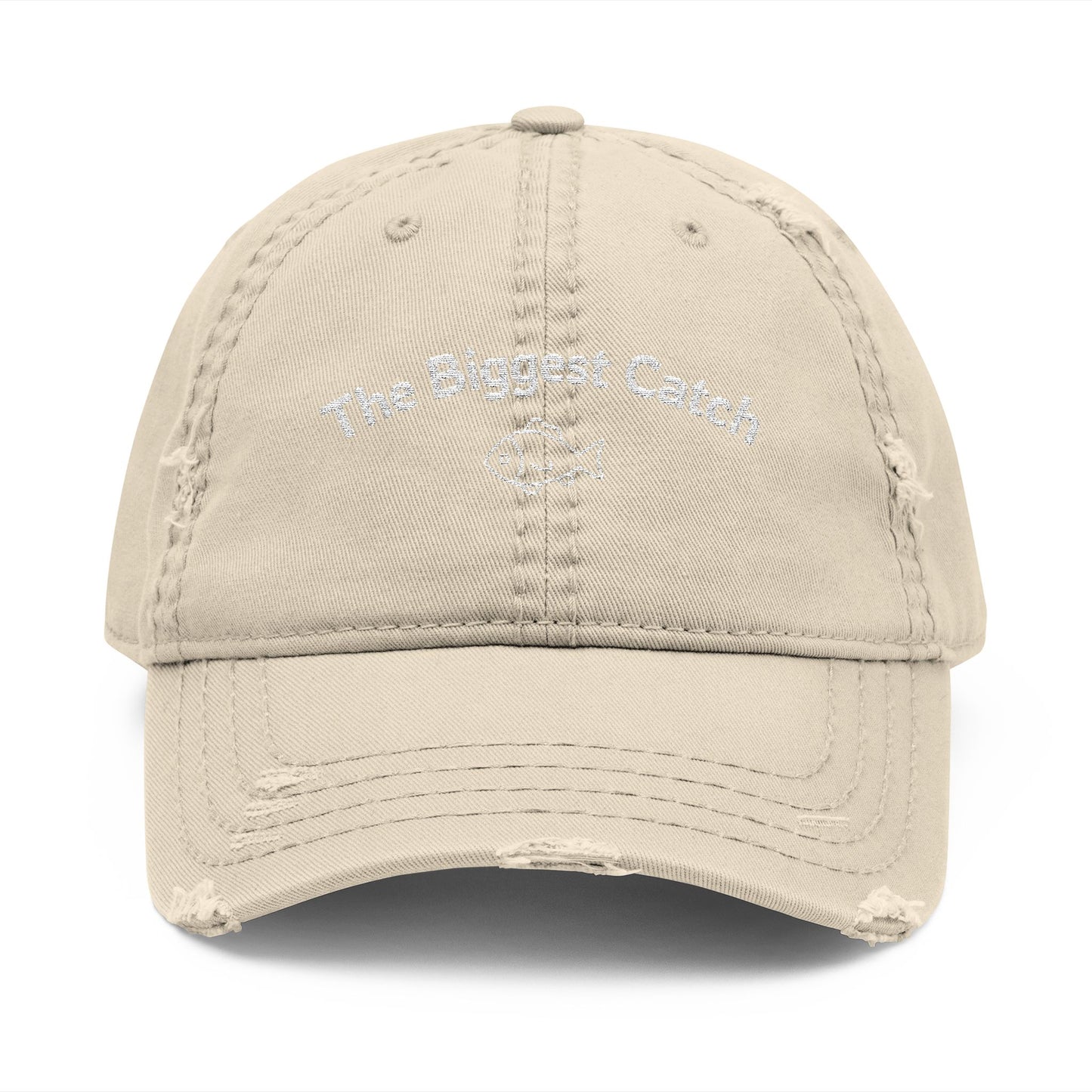 Beige baseball cap with 'The Biggest Catch' text on a white background
