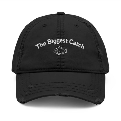 Black cap with 'The Biggest Catch' text and fish icon on a white background