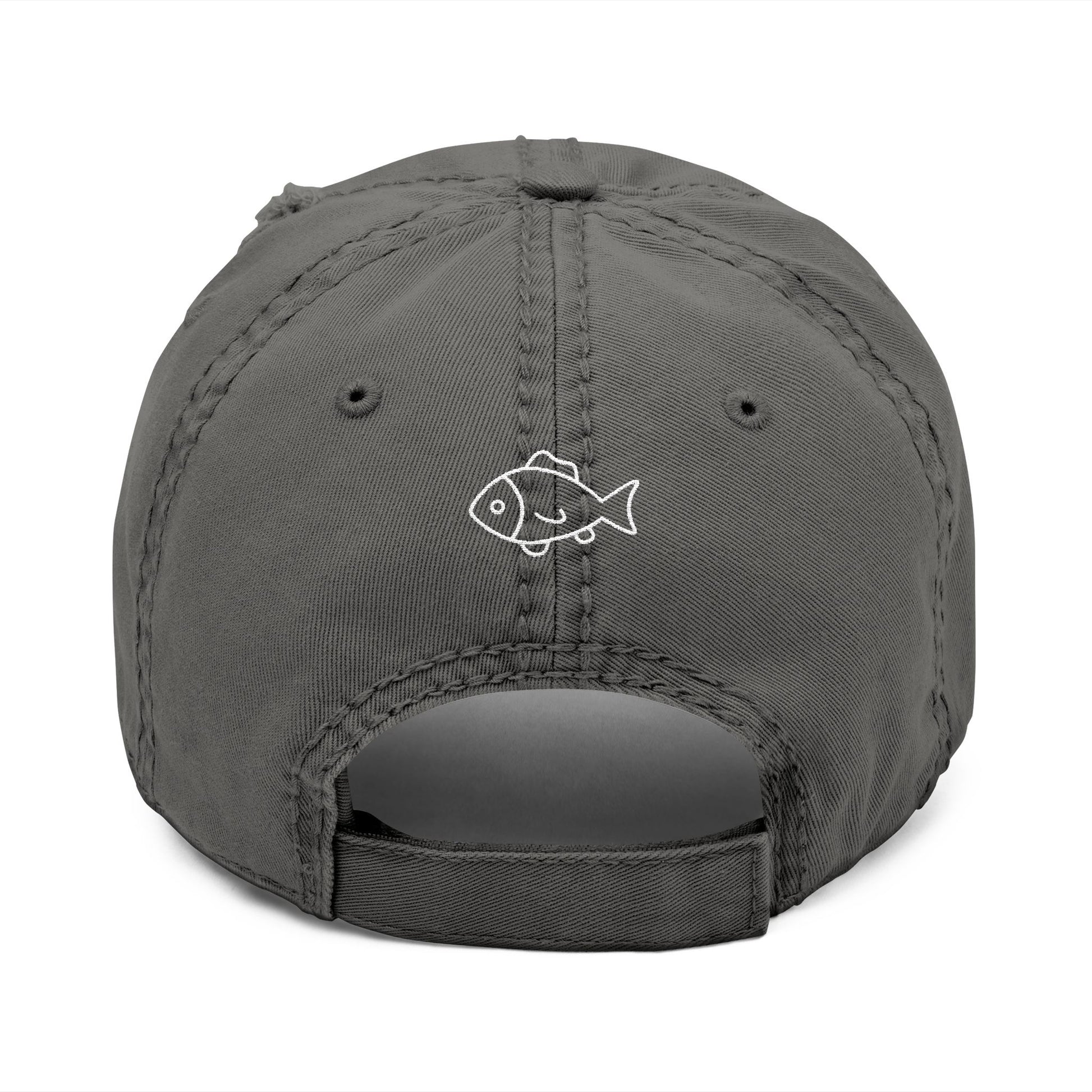 Gray cap with a white fish logo on the back against a white background