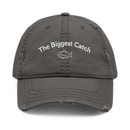 Gray cap with 'The Biggest Catch' text and fish icon on a white background
